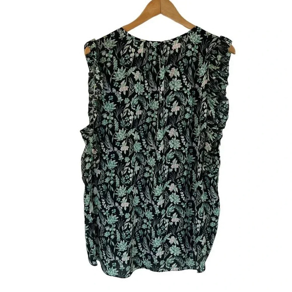 Kaari Floral Sheer Blouse Plus 3X Keyhole Flowy Black Green Pink Ruffle Sleeves - Picture 2 of 7